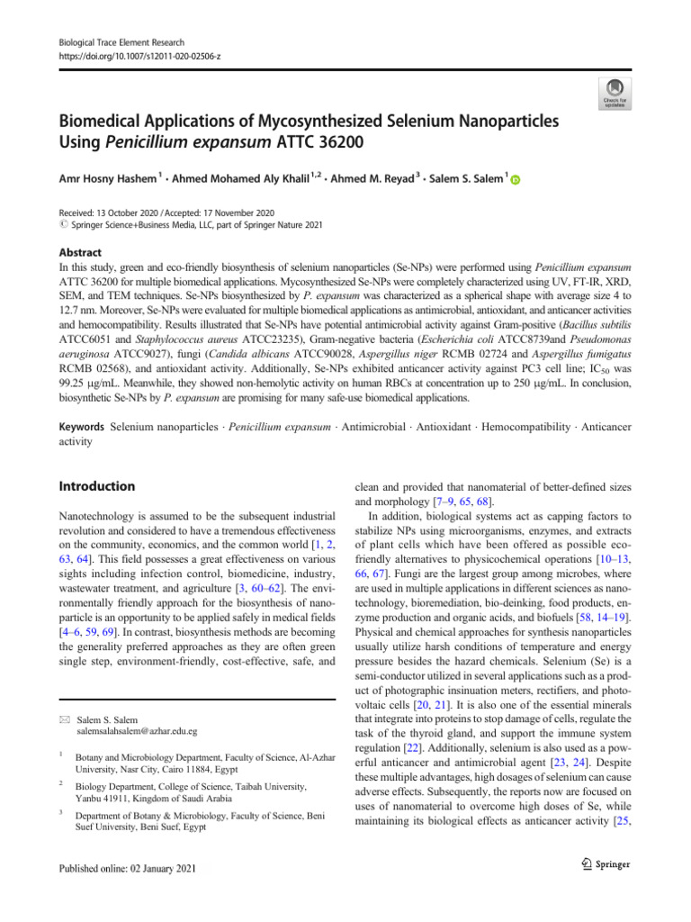 Mycosynthesized Selenium Nanoparticles for Biomedicine | PDF