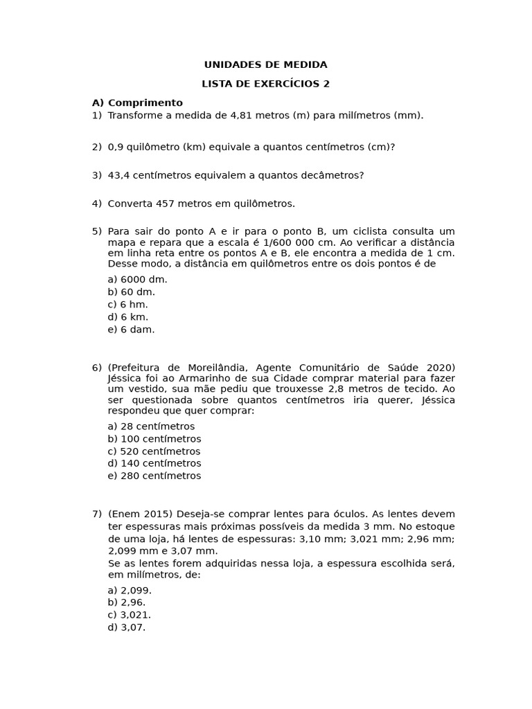 Exercícios de Conversão de Unidades de Medida | PDF | Triângulo | Litro