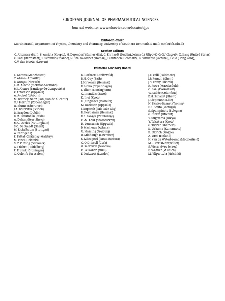 Editorial Board 2020 European Journal of Pharmaceutical Sciences | PDF
