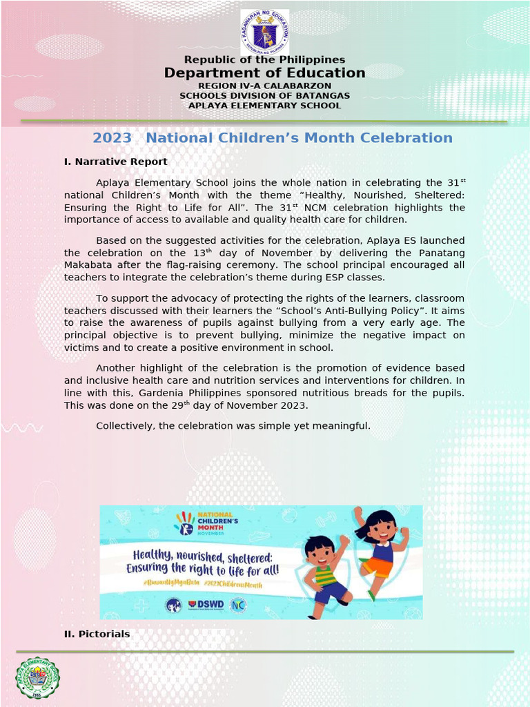 Aplaya Elementary's Children's Month Report | PDF | Bullying | Learning