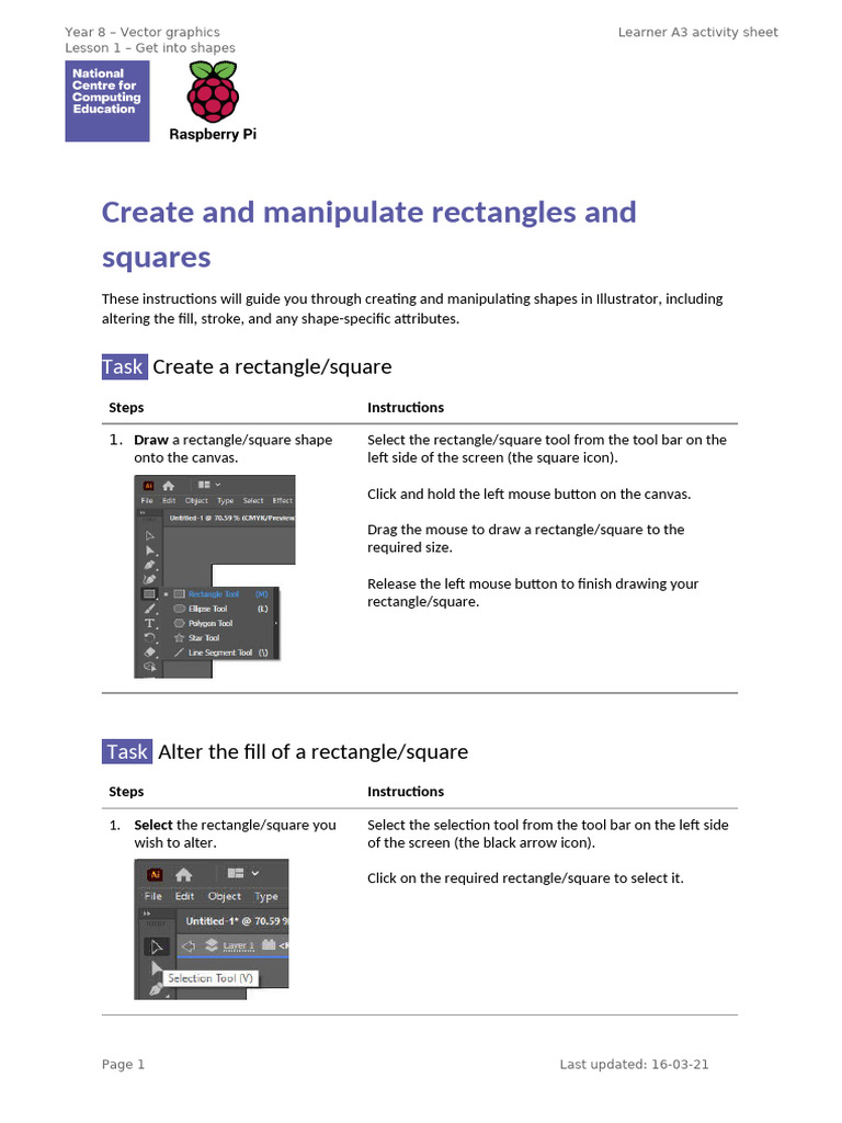A3 Worksheet Create and Manipulate Rectangles and Squares-Illustrator ...