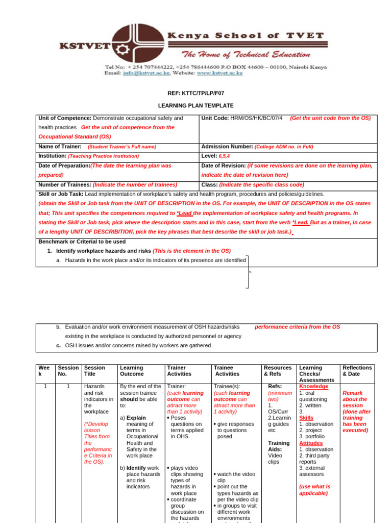 Learning Plan Template Draft | PDF | Occupational Safety And Health ...