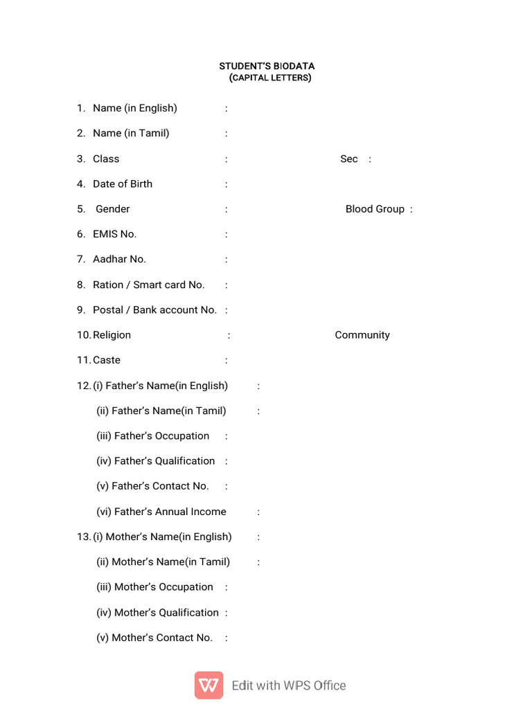 Student Biodata Form Template | PDF
