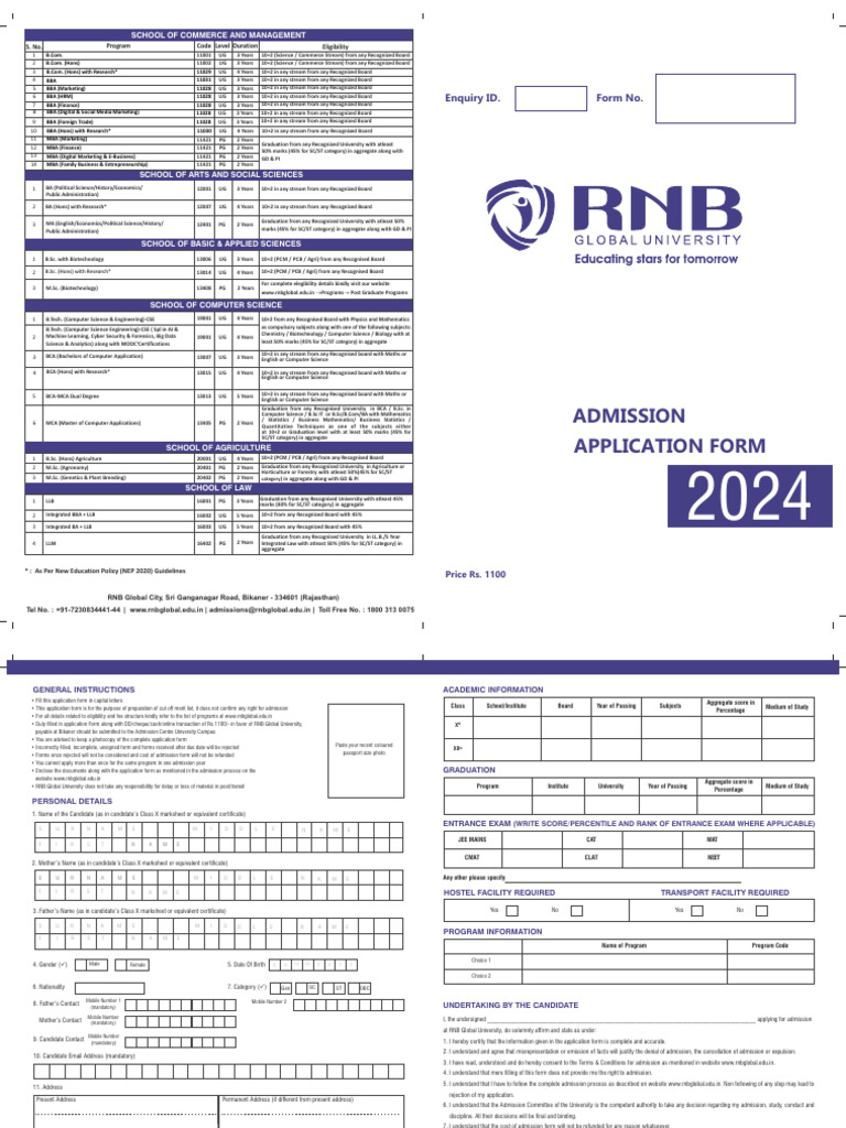 RNB Global University Admission Form 2024 | PDF | Science