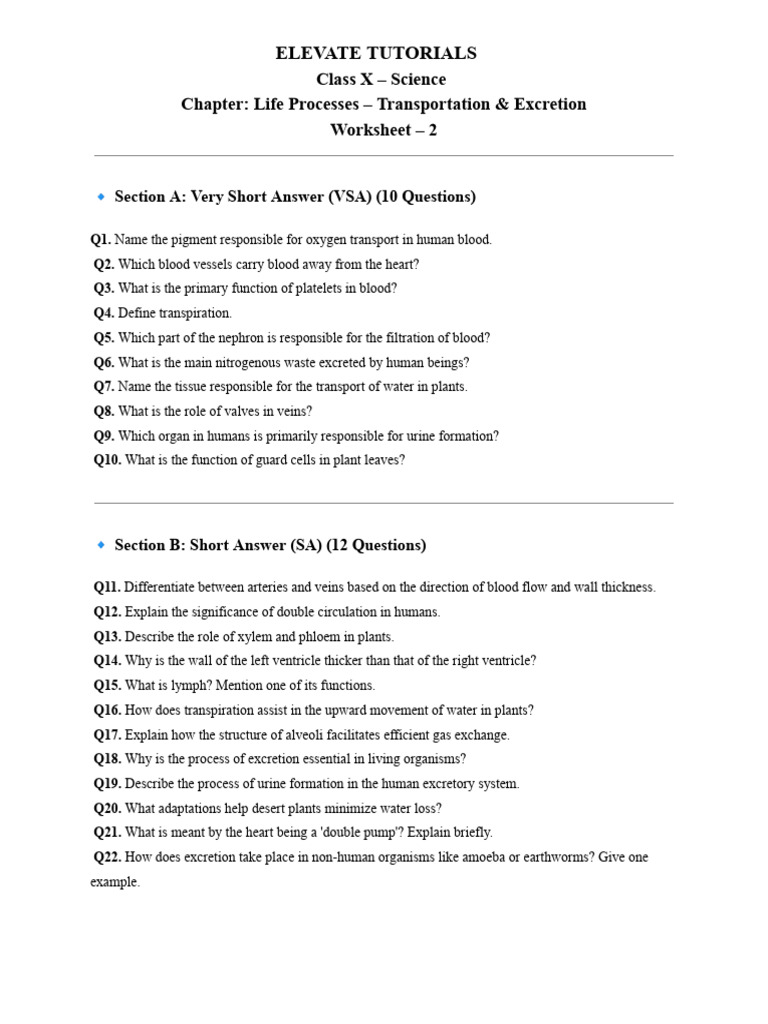 Chapter - Life Processes - Transportation & Excretion Worksheet - 2 ...