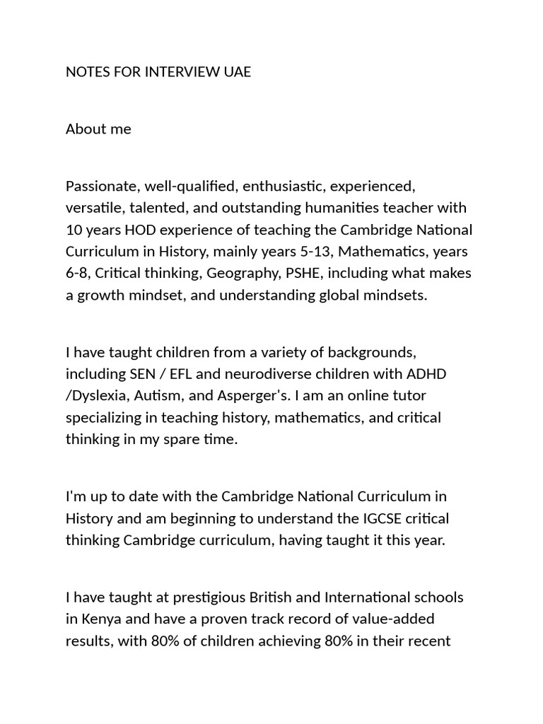 Interview Preparation Notes for UAE Teacher | PDF | Cognition | Learning