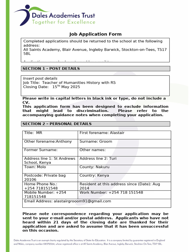Molo Teacher Job Application Form | PDF | Criminal Record | Recruitment