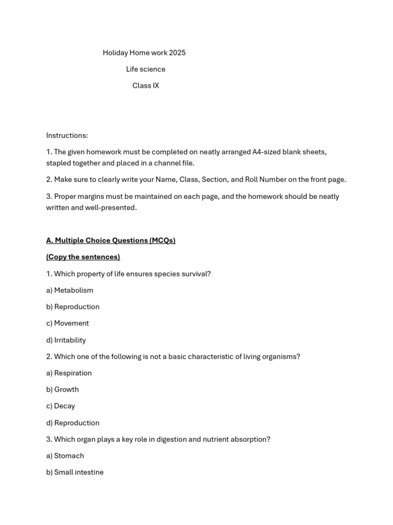 Class IX Life Science Holiday Homework | PDF | Cell (Biology) | Biology