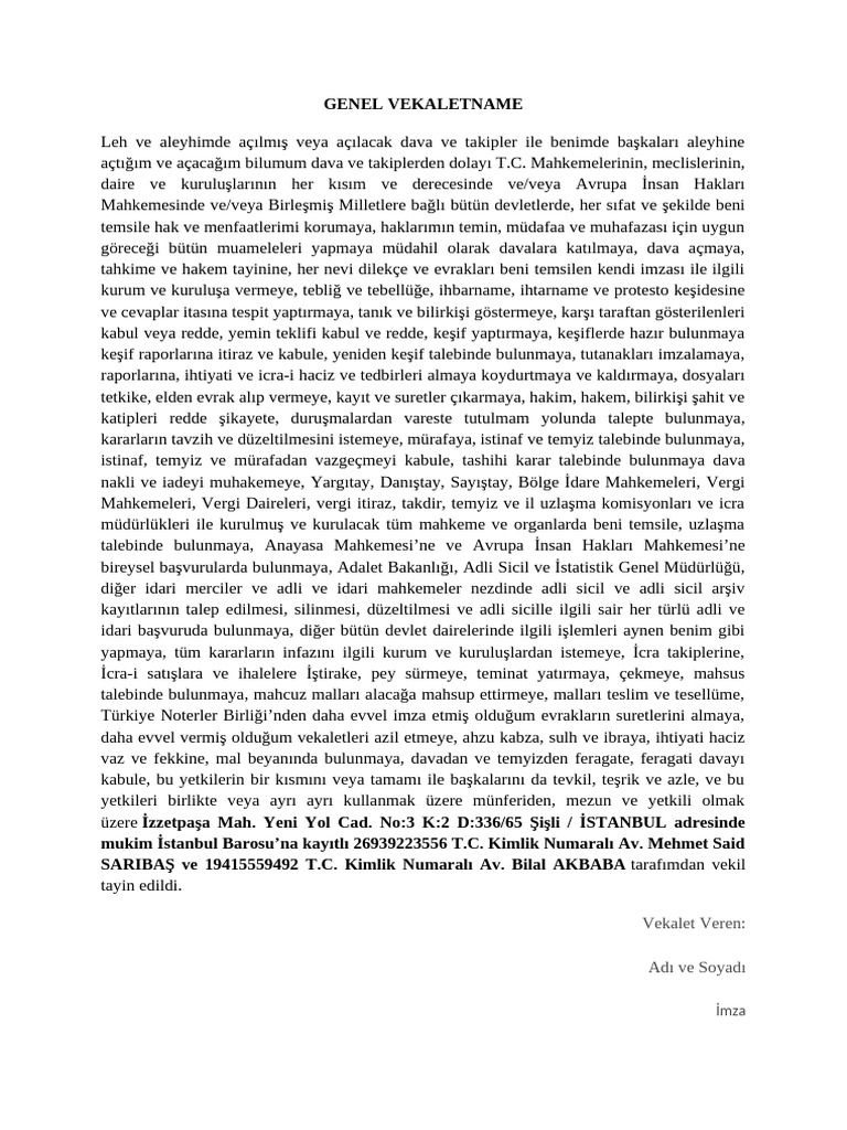 Genel Dava Vekaletnamesi Örneği | PDF