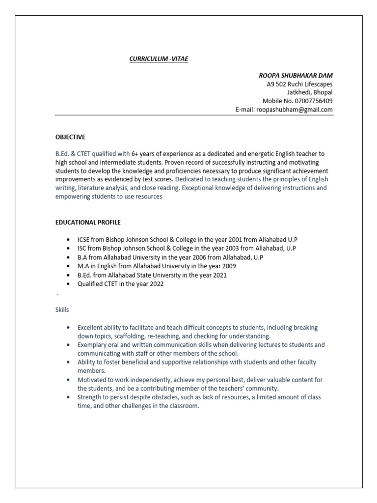 Experienced English Teacher CV | PDF | Teaching Method | Educational ...