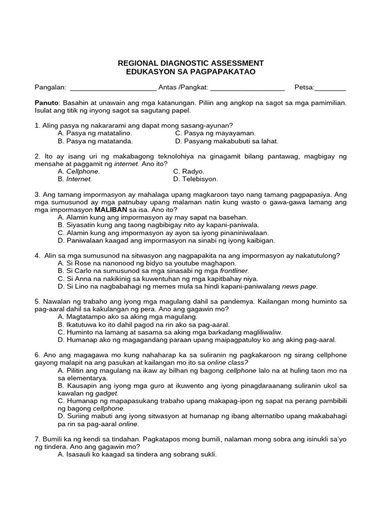 Diagnostic Assessment EsP | PDF