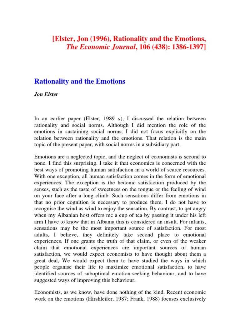 Art. - Rationality and Emotions - J. ELSTER | PDF | Rationality | Emotions