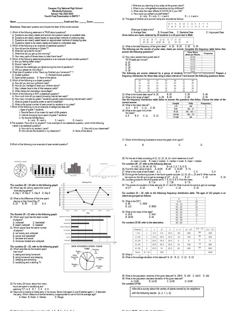 Math 7 Final Exam Questions 2022-2023 | PDF