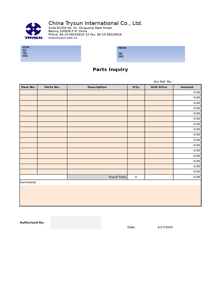 China Trysun International Co., LTD.: Parts Inquiry | PDF