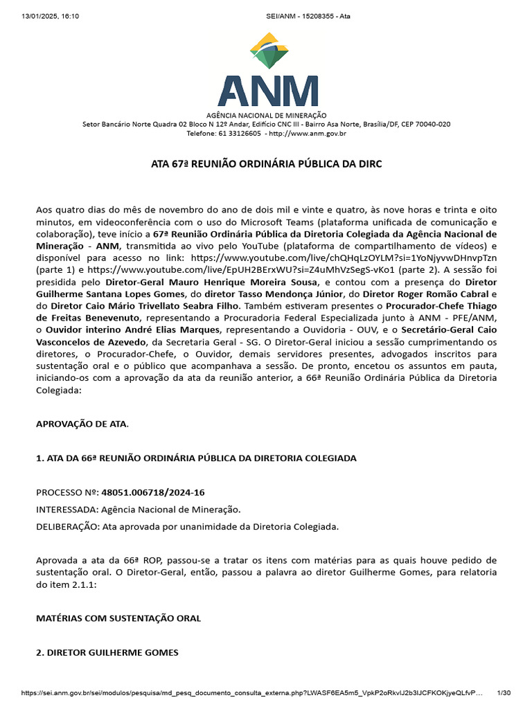 Ata da 67ª Reunião ANM - Novembro 2024 | PDF | Brasil