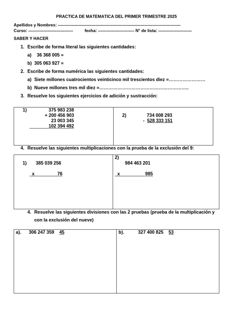 Práctica de Matemáticas 1er Trimestre 2025 | PDF