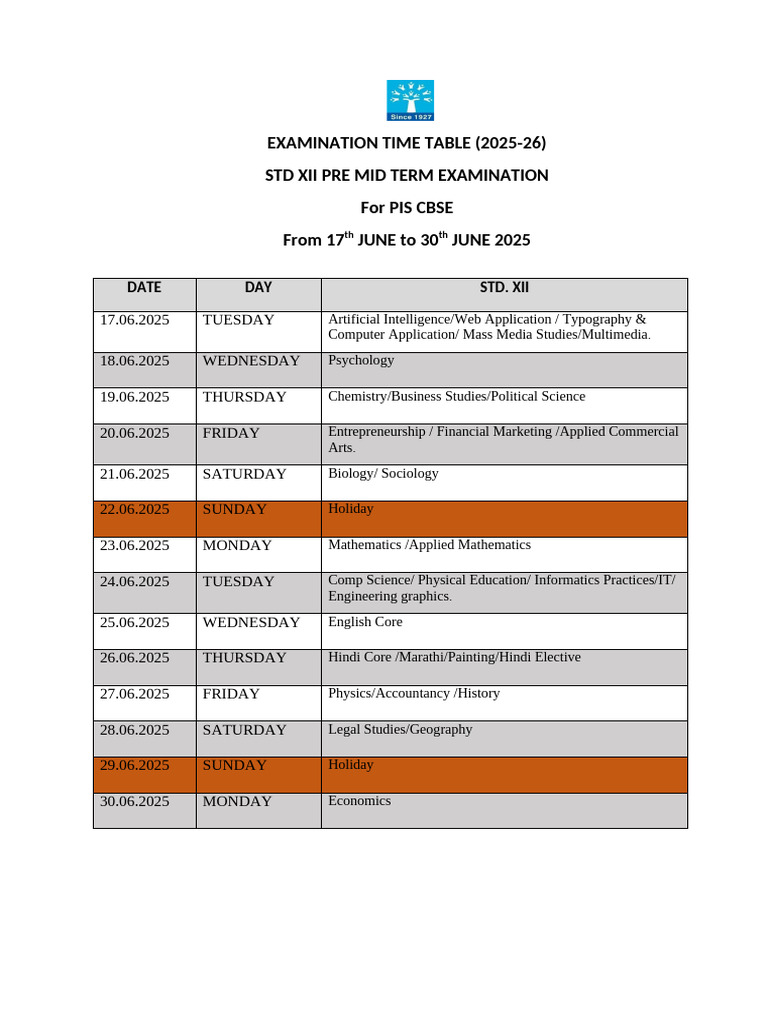 Class 12 Mid Term Exam Schedule 2025 | PDF