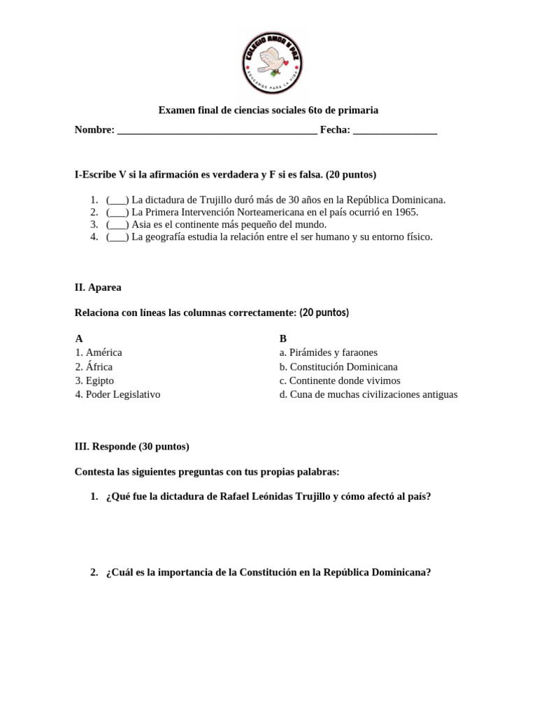 Examen Final de Ciencias Sociales 6to de Primaria - 031736 | PDF