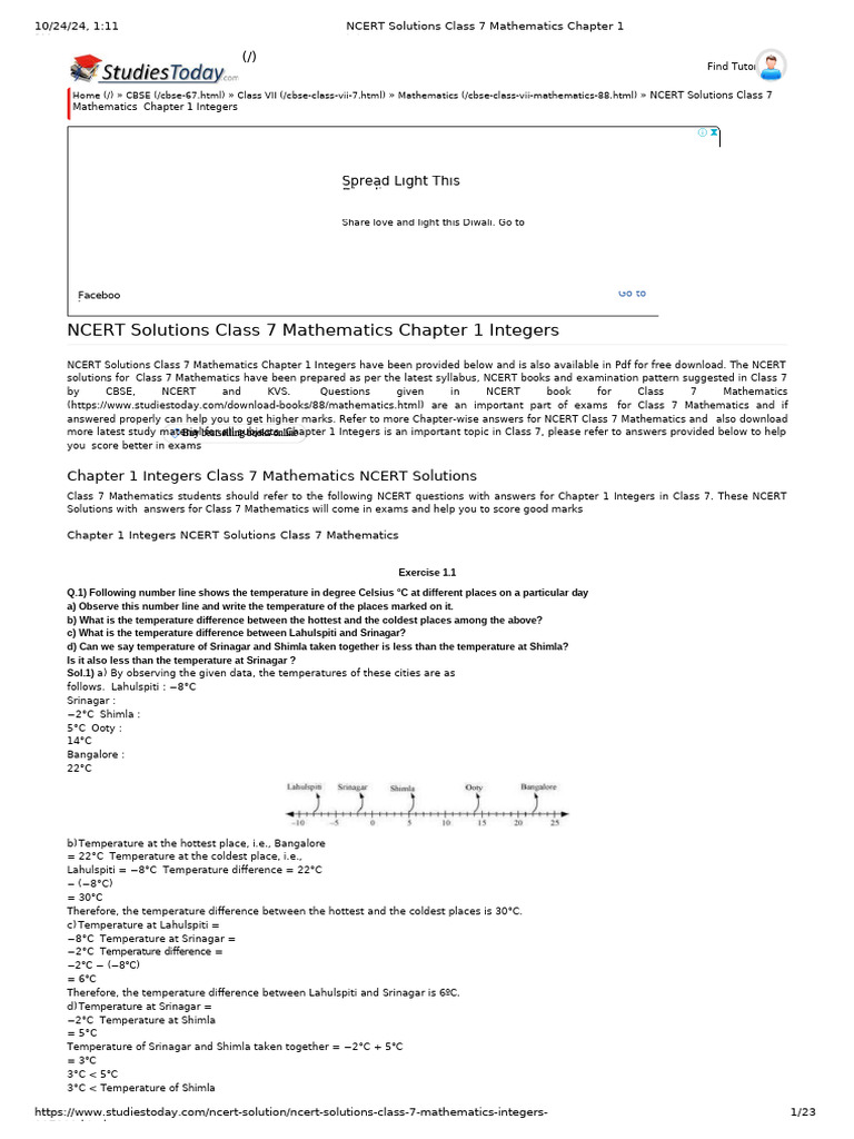NCERT Solutions Class 7 Mathematics Chapter 1 Integers | PDF | Numbers ...
