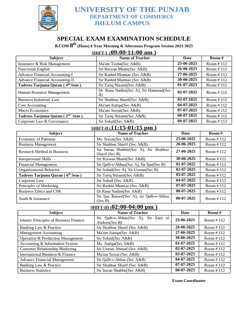 Special Exam Schedule B.Com 2025 | PDF | Business | Economies