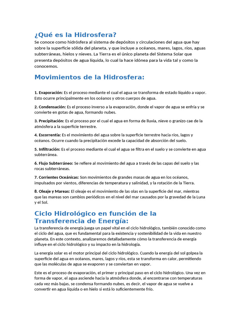 Movimientos y Balance de la Hidrosfera | PDF | El ciclo del agua | Agua