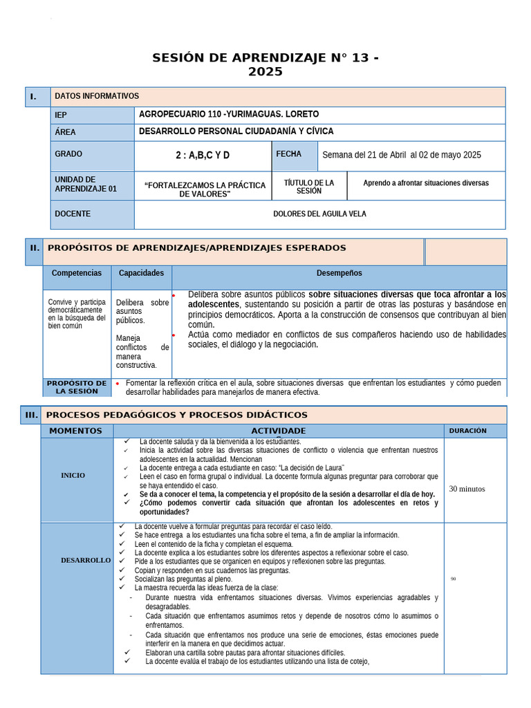 Sesión de Aprendizaje DPCC #03 - 2 Secundaria | PDF