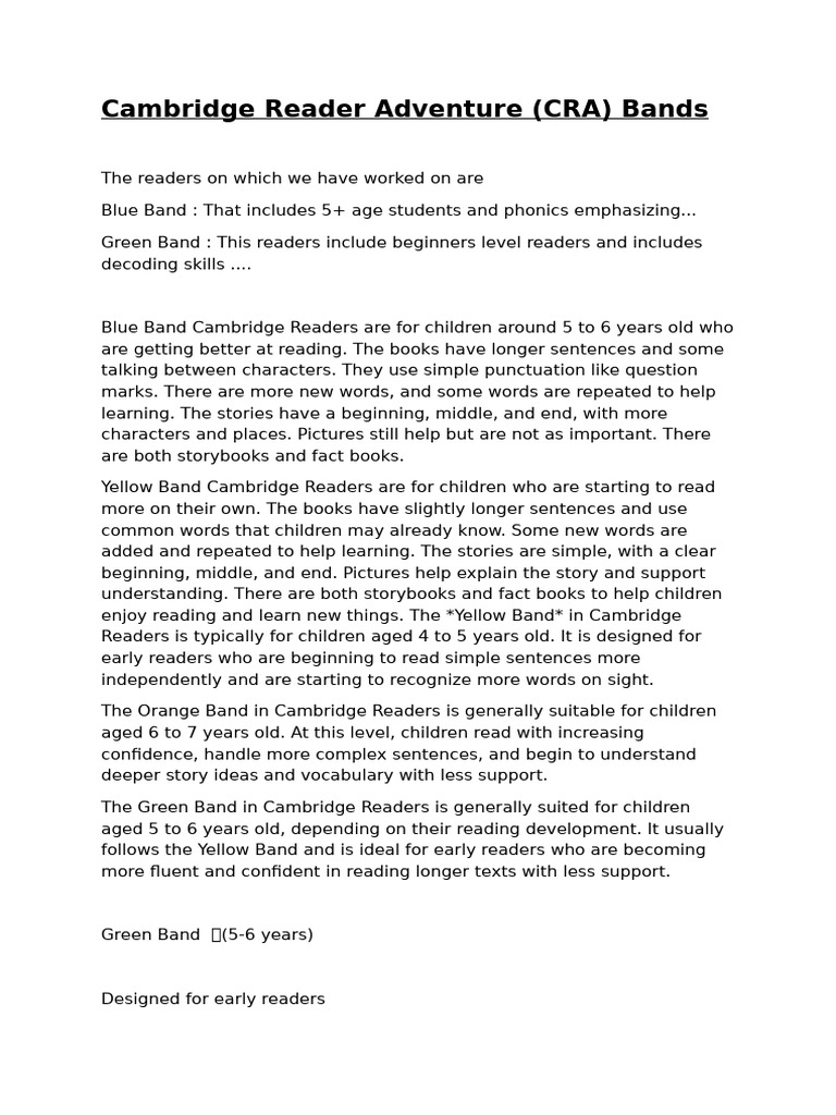 Cambridge Reader Adventure (CRA) Bands | PDF | Reading Comprehension ...