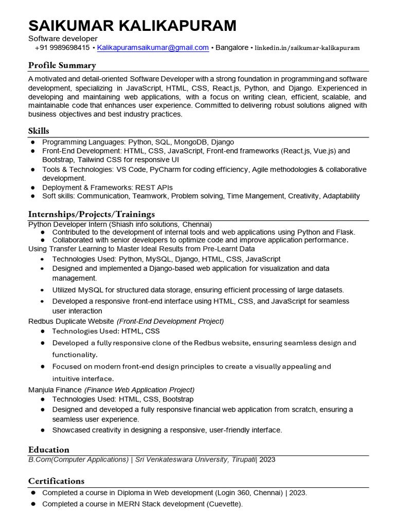 Software Developer Profile: Saikumar K. | PDF | Computing | Software ...