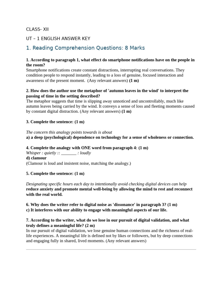 Ut-1 English Answer Key (2025-26) | PDF | Psychology | Behavioural Sciences