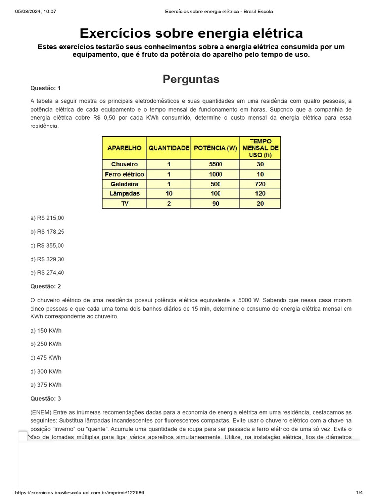 Exercícios sobre Consumo de Energia Elétrica | PDF | Chuveiro ...