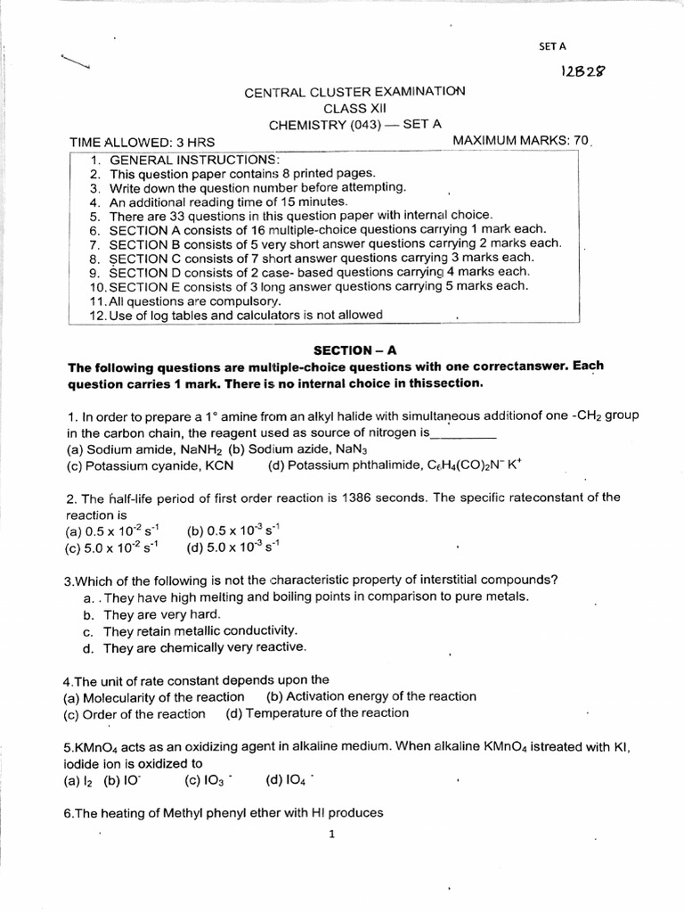 Class XII Chemistry Exam Questions | PDF | Coordination Complex ...