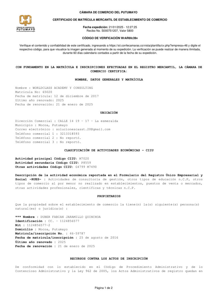 Cámara de Comercio Del Putumayo Certificado de Matrícula Mercantil de ...