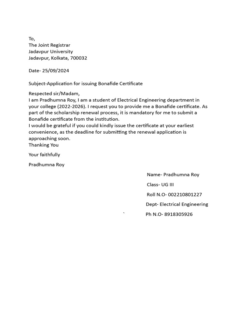 Letter For Bonafide | PDF