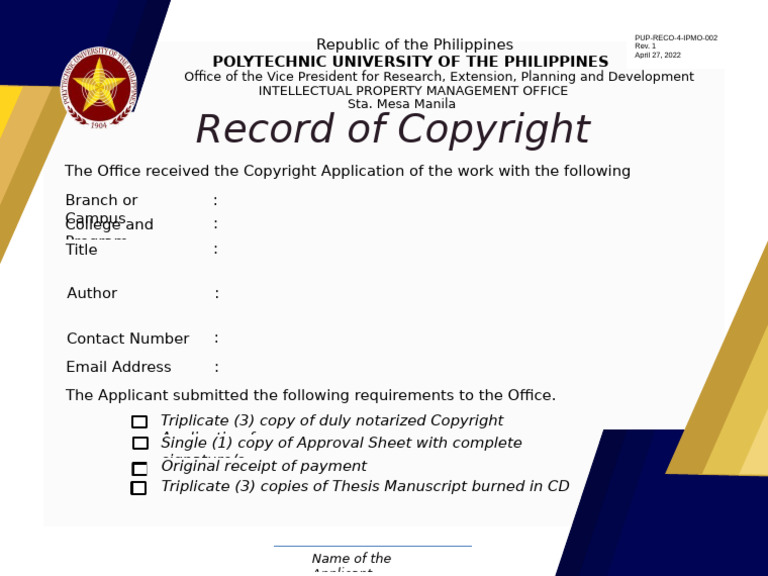 PUP Copyright Application Record | PDF
