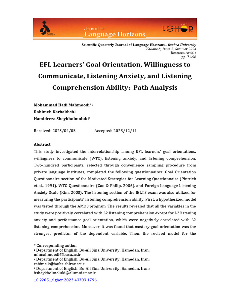EFL Learners Goal Orientation Willingnes | PDF | Self Efficacy ...