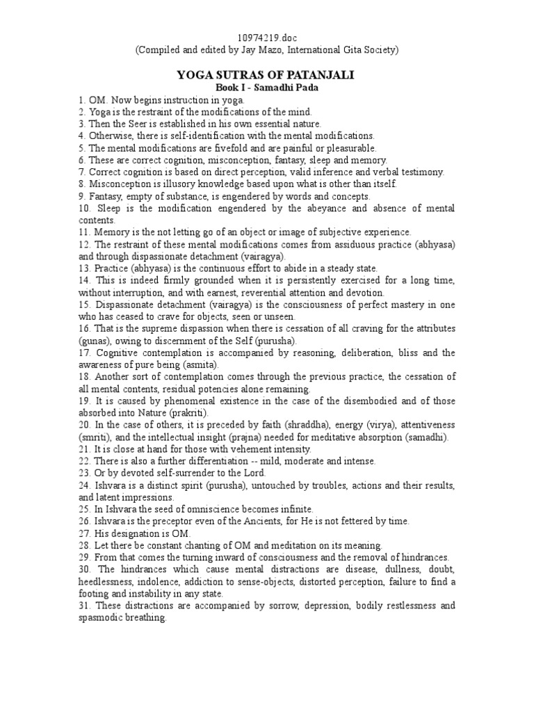 Yoga Sutras of Patanjali Overview | PDF | Yoga Sutras Of Patanjali ...