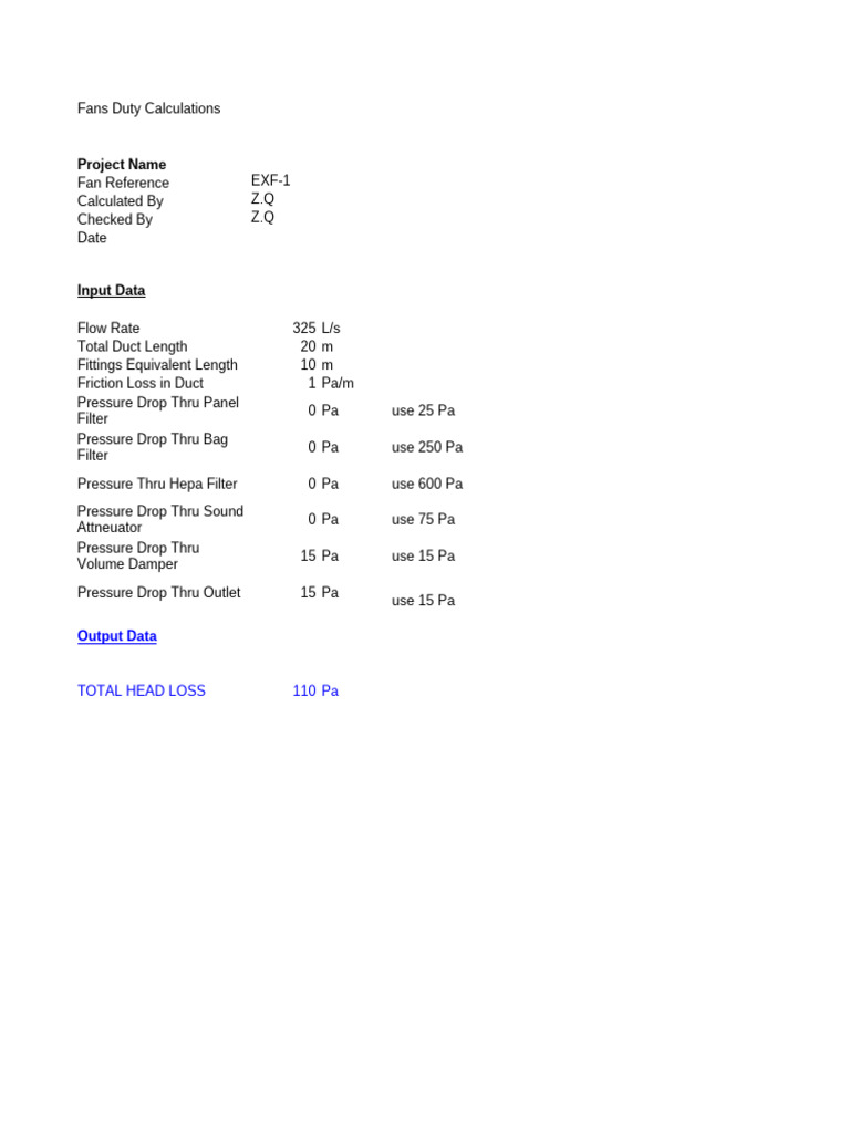 Fan System Head Loss Calculations | PDF