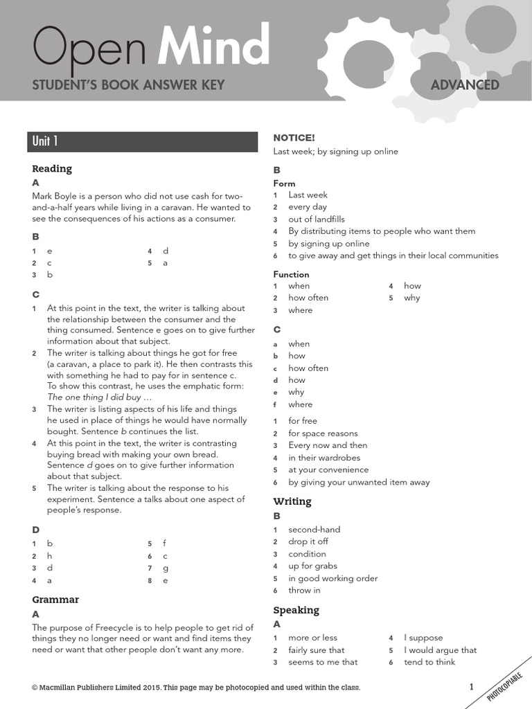 Open Mind Student Book Answer Key | PDF | Human Communication