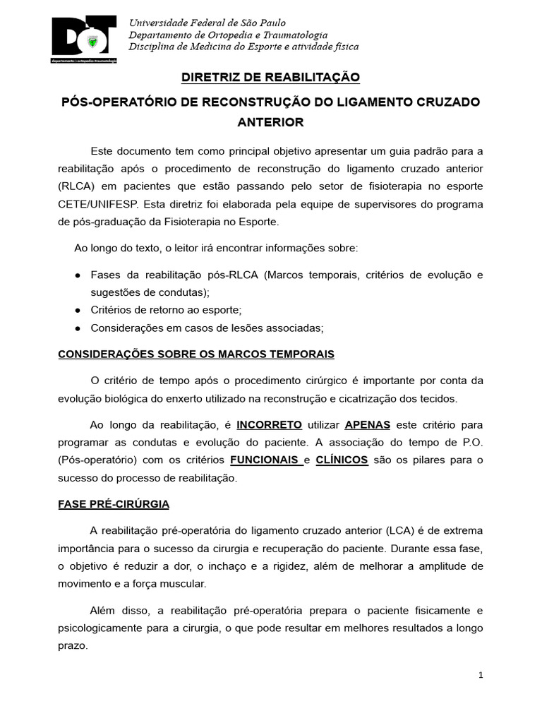 Reabilitação Pós-Operatória RLCA | PDF | Joelho | Sistema Locomotor
