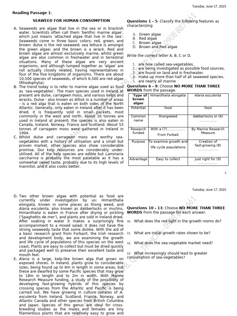 Reading Practice Test 4 | PDF | Videotelephony | Seaweed