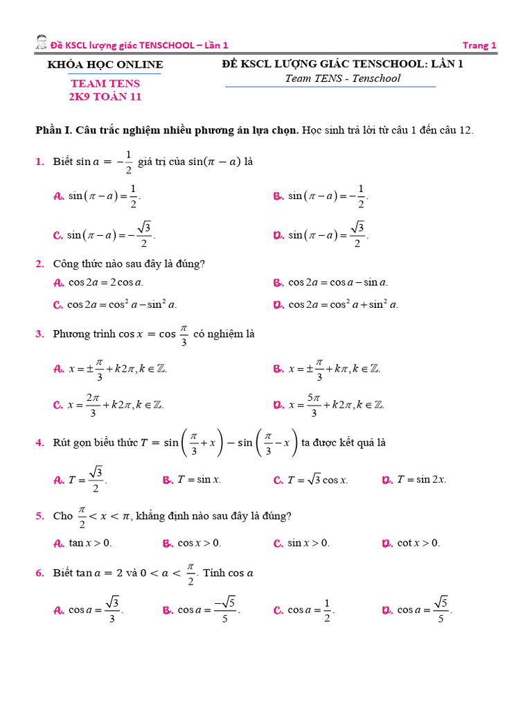 Đề Kscl Lượng Giác Tenschool - Đề Số 1 | PDF