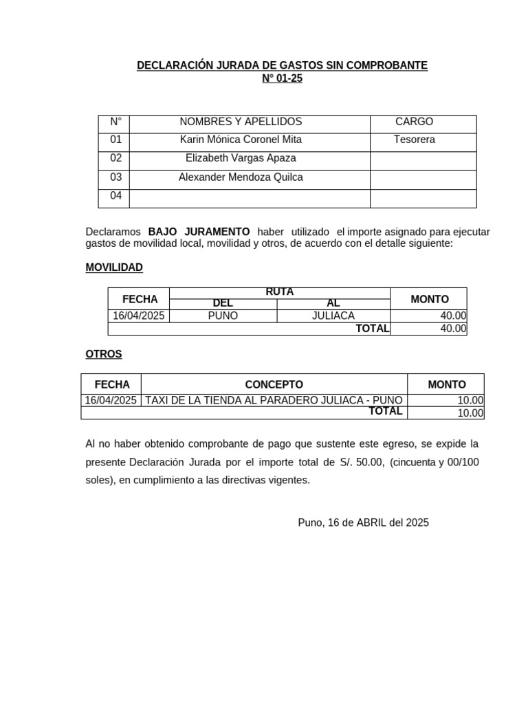 Modelo de Declaración Jurada de Gastos | PDF