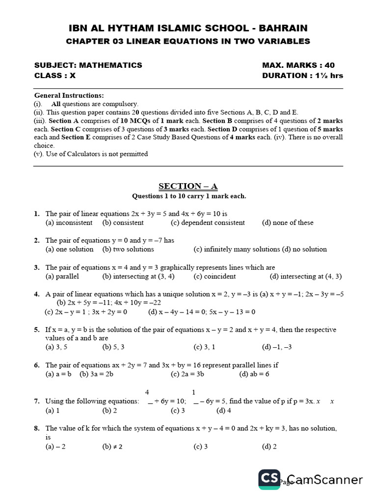 Solving Linear Equations in Class X | PDF | System Of Linear Equations ...