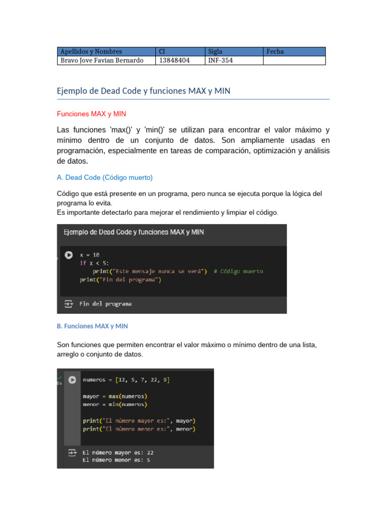 Dead Code y Funciones MAX y MIN | PDF