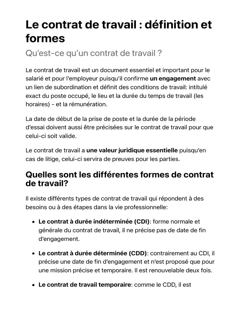 Définition et types de contrat de travail | PDF | Emploi | Relations de ...