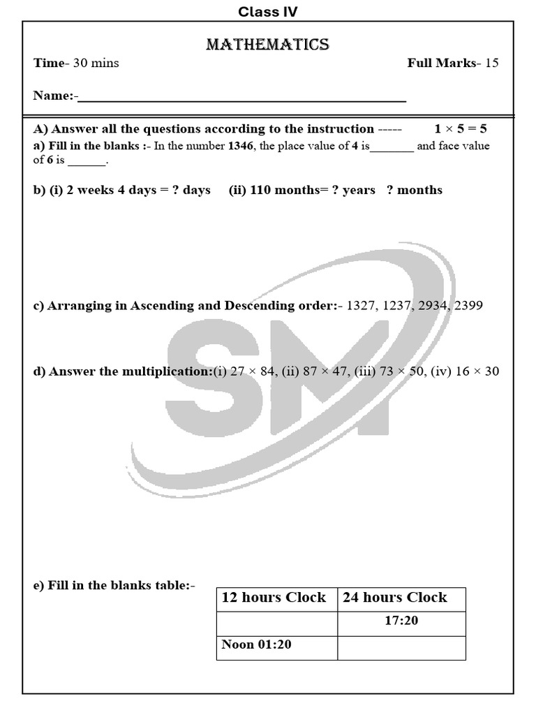 Class IV Maths Unit Test Paper | PDF