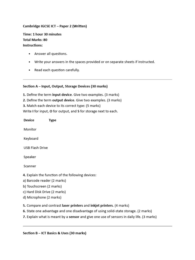 IGCSE ICT Paper 2 Exam Overview | PDF | Educational Technology | Input ...