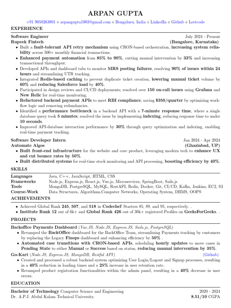 Arpan Gupta - Software Engineer Resume | PDF | Computing | Information ...