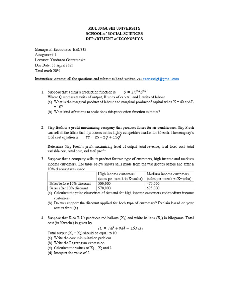 Managerial Economics Assignment 1 | PDF | Demand | Economics