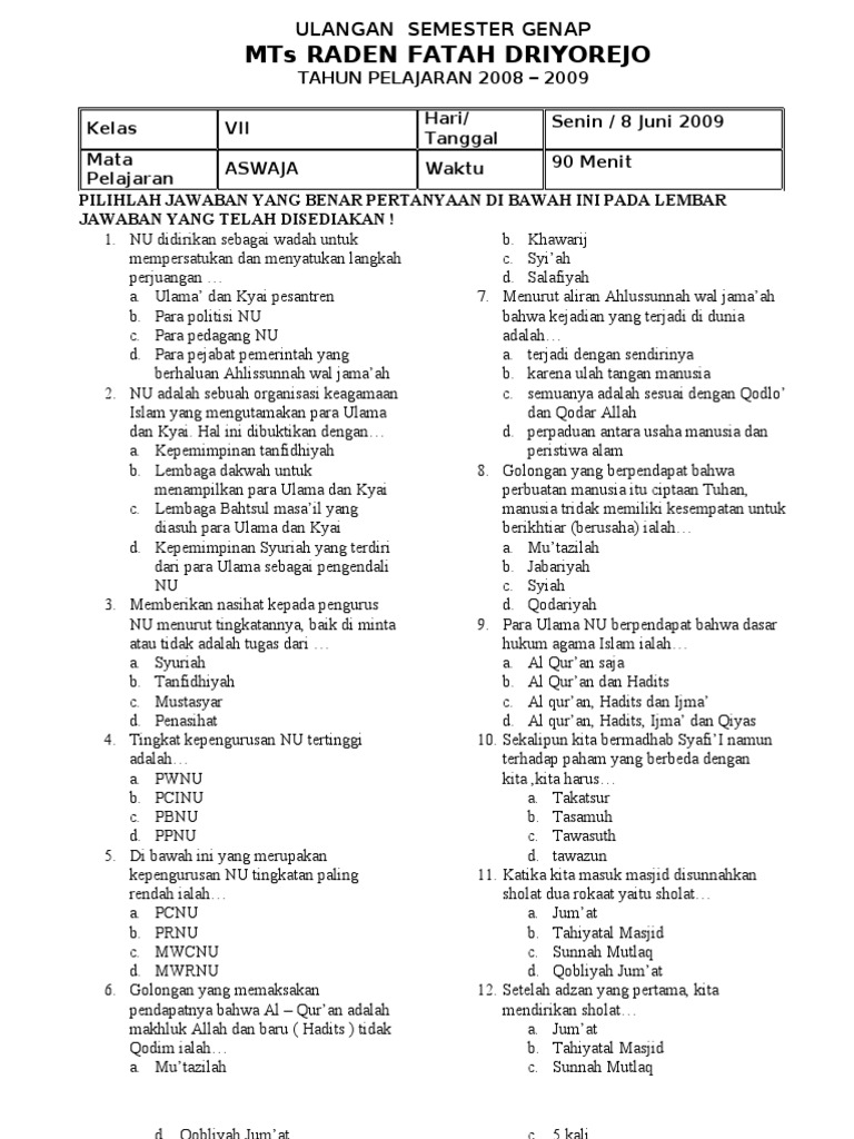 Soal Aswaja Kls 11 Semester Genap